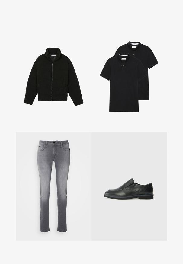 Chaqueta de pelaje sintético negro con cuello alto, cierre de cremallera, puños elásticos y un diseño acolchado. Cuenta con bolsillos laterales y una textura suave.; Dos camisetas polo negras, de manga corta, de material de algodón, que presentan un cuello clásico, una tapeta de dos botones y acentos de rayas blancas en el interior del cuello.; Jeans de denim gris con un corte recto, que cuentan con cinco bolsillos, un cierre de botón y cremallera, y un ligero desgastado en la textura de la tela.; Zapato negro de cuero sin cordones con un upper suave, detalles de costura, punta redonda y un bajo tacón de goma. La suela presenta una tracción mínima.
