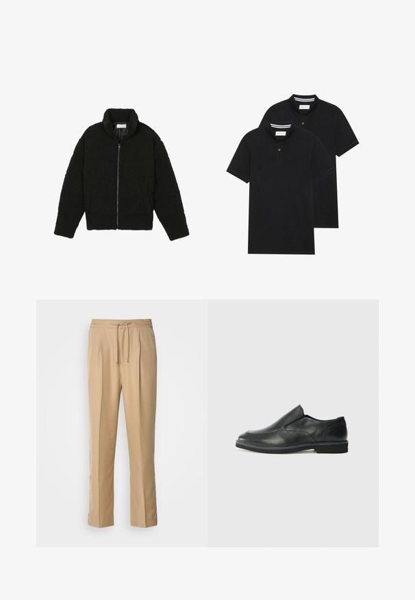Black faux fur jacket with a high collar, zip closure, elastic cuffs, and a quilted design. Features side pockets and a soft texture.; Two black polo shirts, short-sleeved, cotton material, featuring a classic collar, two-button placket, and white striped accents inside the collar.; Light beige trousers made of smooth fabric, featuring a drawstring waist, two pleats in front, and straight, loose-fitting legs for comfort.; Black leather slip-on shoe with a smooth upper, stitched accents, rounded toe, and a low rubber heel. Sole features minimal tread.