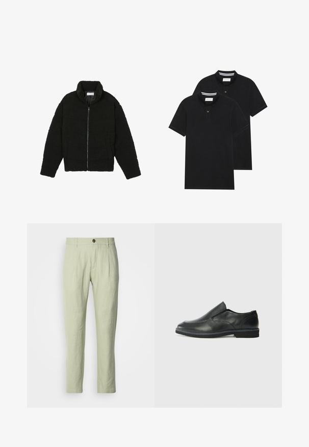 Crna jakna od umjetnog krzna s visokim ovratnikom, zatvaranjem na zip, elastičnim manžetama i kviltanim dizajnom. Sadrži bočne džepove i mekanu teksturu.; Dva crna polo majice, kratki rukavi, pamučni materijal, sa klasičnom ovratnikom, čepom sa dva gumba i bijelim prugastim detaljima unutar ovratnika.; Svijetlozelene lanene hlače ravnog kroja, s prednjim kopčanjem na dugme, dva prednja džepa i glatkom teksturom.; Crne kožne cipele na sklapanje s glatkom gornjom površinom, prošivenim detaljima, zaobljenim vrhom i niskim gumene potplate. Potplat ima minimalne uzorke.