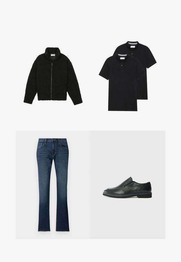 Črna jakna iz umetnega krzna z visokim ovratnikom, z zadrgo, elastičnimi manšetami in kviltanim dizajnom. Ima stranske žepke in mehak tekstur.; Dve črne polo majice, kratke rokave, iz bombažnega materiala, z klasik ovratnikom, dvobodno zaponko in belimi črtkami znotraj ovratnika.; Temno modri kavbojki z rahlim razširjenjem na dnu, strukturiranim pasom, petimi žepi in subtilnim bledenjem blizu roba.; Črne usnjene natikače z gladkim zgornjim delom, prišitimi detajli, zaobljenim nosom in nizkim gumijastim petkom. Podplat ima minimalen profil.