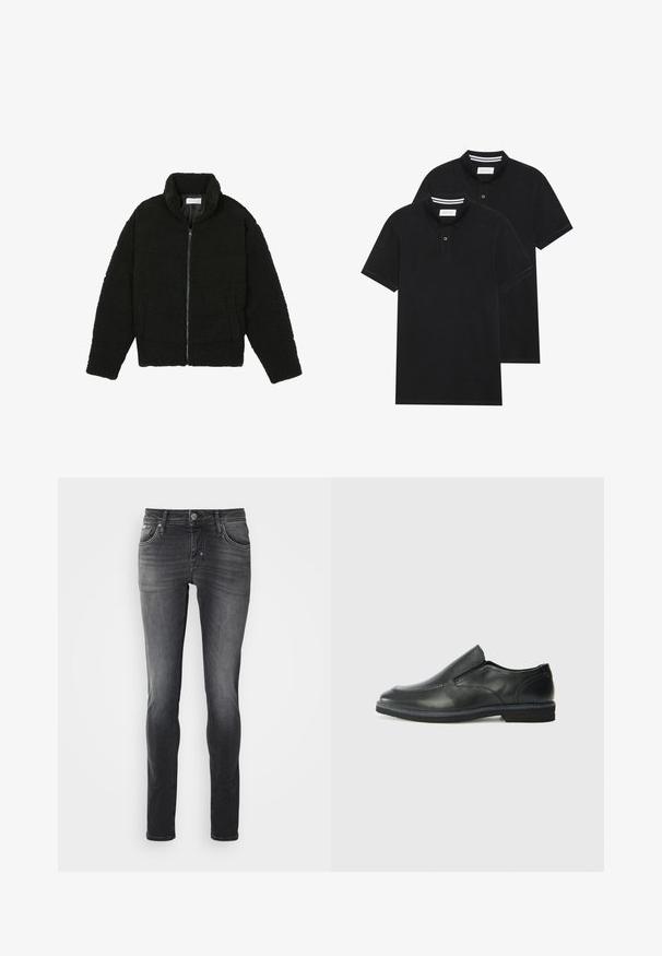 Černá umělá kožešinová bunda s vysokým límcem, zipovým uzávěrem, elastickými manžetami a prošívaným designem. Obsahuje postranní kapsy a jemnou texturu.; Dvě černé polokošile s krátkým rukávem z bavlny, s klasickým límcem, dvouknoflíkovou légou a bílými pruhovanými akcenty uvnitř límce.; Úzké džíny v tmavě šedém denimu, s klasickým designem s pěti kapsami, sitrahem na zip a knoflíkem, a minimálním vyblednutím pro elegantní vzhled.; Černá kožená nazouvací bota s hladkým svrškem, prošívanými detaily, zaoblenou špičkou a nízkým gumovým podpatkem. Podešev má minimální vzorek.