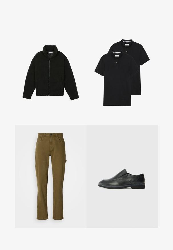 Juoda dirbtinė kailio striukė su aukštu apykakle, užtrauktuku, elastingomis rankovėmis ir siuvinėtu raštu. Su šoninėmis kišenėmis ir švelnia tekstūra.; Du žaidimų juodos polo marškiniai, trumpomis rankovėmis, pagaminti iš medvilnės, su klasikinėmis apykaklėmis, dviem mygtukais priekyje ir baltais dryžiais apykaklės viduje.; Olivinės žalios spalvos medvilninės kelnės su tiesiu siluetu, turinčios priekinį mygtuką ir šonines kišenes. Sklandus paviršius ir tvarkinga išvaizda.; Juodai odiniai įtvirtinimo batai su lygiu paviršiumi, siuvinėjimo akcentais, apvalia nosimi ir žemu guminiu kulnu. Pado raštas minimalus.