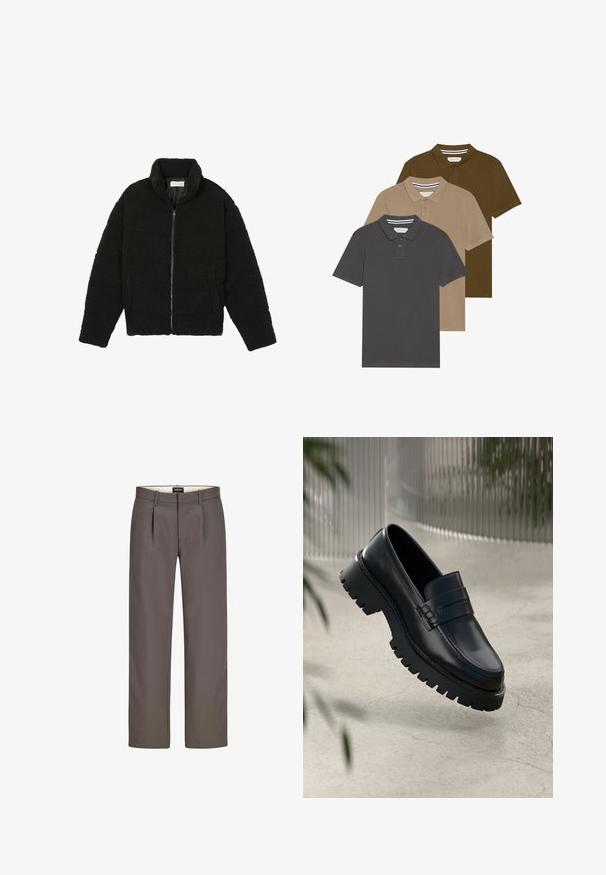 Black faux fur jacket with a high collar, zip closure, elastic cuffs, and a quilted design. Features side pockets and a soft texture.; Three polo shirts stacked vertically: dark gray, beige, and olive green. Short sleeves, collared necklines with two buttons, cotton material.; Gray trousers with a straight-leg design, featuring pleats, a zipper fly, and a smooth texture. Internal lining is cream.; Black leather loafers with a chunky tread sole, featuring a decorative strap and stitching detail. Smooth texture with a polished finish.