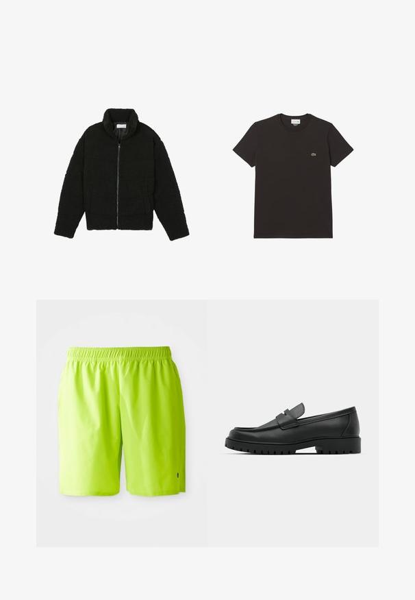 Chaqueta de pelaje sintético negro con cuello alto, cierre de cremallera, puños elásticos y un diseño acolchado. Cuenta con bolsillos laterales y una textura suave.; Camiseta de algodón negra de manga corta y cuello redondo. Presenta un pequeño logo de cocodrilo verde de Lacoste en el pecho. Textura suave.; Bañador de color verde lima brillante con cinturilla elástica y bolsillos laterales, mostrado sobre un fondo blanco liso.; Mocasines de cuero negro con punta redonda, que cuentan con un diseño cosido, suela de plataforma baja y una suela de goma texturada y con tacos.