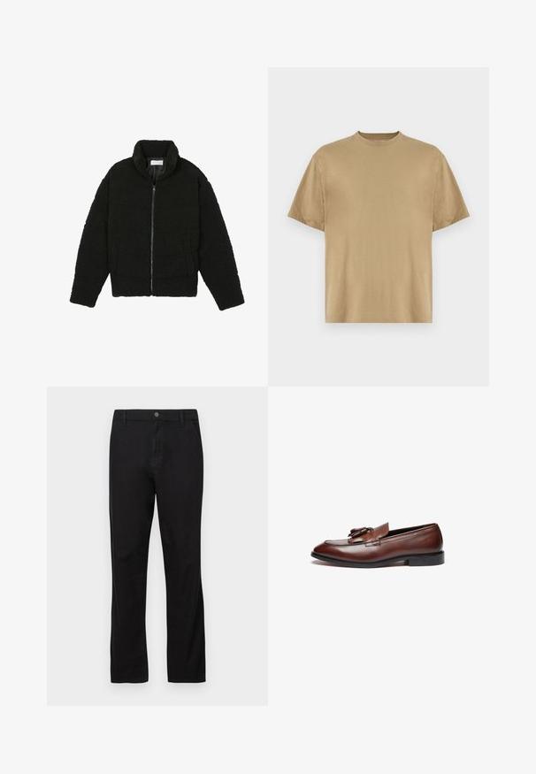 Casaco de pelo sintético preto com gola alta, fecho de zip, punhos elásticos e um design acolchoado. Apresenta bolsos laterais e uma textura suave.; Camiseta de mangas curtas em caqui, feita de tecido suave, com decote redondo e um corte descontraído. Sem padrões ou gráficos visíveis.; Calças de algodão pretas com um design de perna reta, apresentando um fecho com botão, bolsos frontais e traseiros e uma textura suave.; Mocassins de couro castanho com um acabamento suave, franjinhas decorativas, bico arredondado e uma sola baixa em borracha preta.