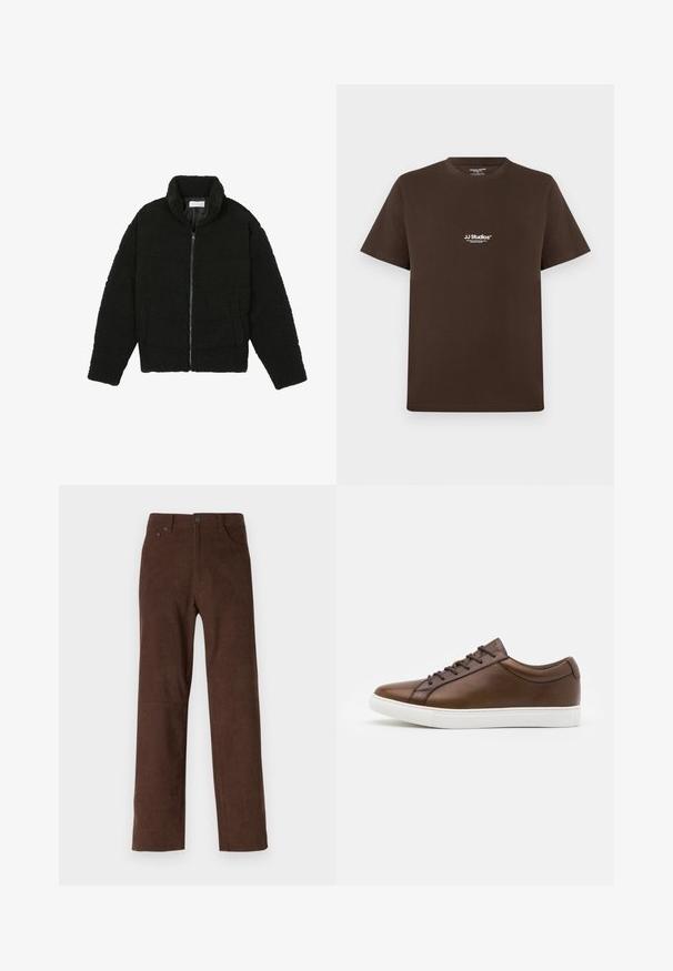 Melnā mākslīgā kažokādas jaka ar augstu apkakli, ar rāvējslēdzēju, elastīgām piedurknēm un kvadrātveida šuvēm. Iespējotas sānu kabatas un mīksta tekstūra.; Brūna kokvilnas T-kreklu ar īsām piedurknēm, apaļu kaklu un mazu baltu logo uz krūtīm. Gluda tekstūra un parasts piegriezums.; Bordo korduroja bikses ar taisnu piegriezumu, ar pogu un rāvējslēdzēju, divām priekšējām kabatām un teksturētu ribu rakstu.; Brūni ādas sporta apavi ar noapaļotu purngalu, balta gumijas zole un pieci auklu caurumi. Satur diskrētu zīmolu uz papēža.