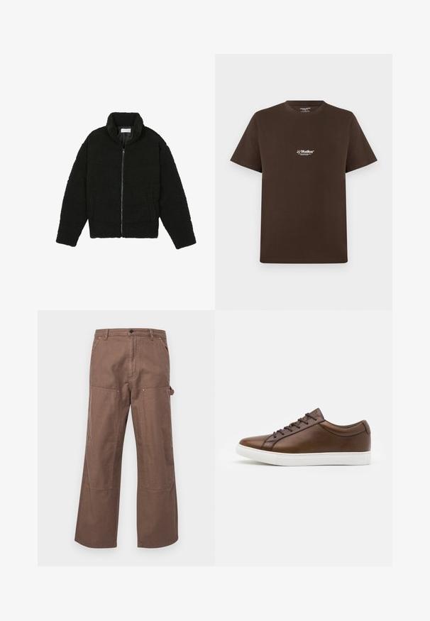 Veste en fausse fourrure noire avec un col haut, fermeture éclair, poignets élastiques et un design matelassé. Elle possède des poches latérales et une texture douce.; T-shirt en coton marron à manches courtes, col rond et petit logo blanc sur la poitrine. Texture lisse et coupe standard.; Pantalons cargo en coton marron avec une coupe décontractée, des poches latérales et de grands renforts aux genoux pour plus de durabilité et de style.; Baskets en cuir marron avec un bout arrondi, semelle en caoutchouc blanc et cinq œillets pour lacets. Présente un branding subtil sur le talon.