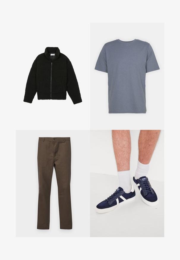 Chaqueta de pelaje sintético negro con cuello alto, cierre de cremallera, puños elásticos y un diseño acolchado. Cuenta con bolsillos laterales y una textura suave.; Camiseta gris de manga corta con cuello redondo, hecha de una suave mezcla de algodón. Diseño simple, sin patrones ni acentos.; Pantalones de algodón marrón con un diseño de pierna recta, que cuentan con cierre de botón y trabillas para cinturón, textura suave sin patrones ni acentos.; Zapatillas azul marino con detalles y cordones blancos, que presentan un diseño elegante, materiales de lona y goma, con la puntera y los laterales texturizados.