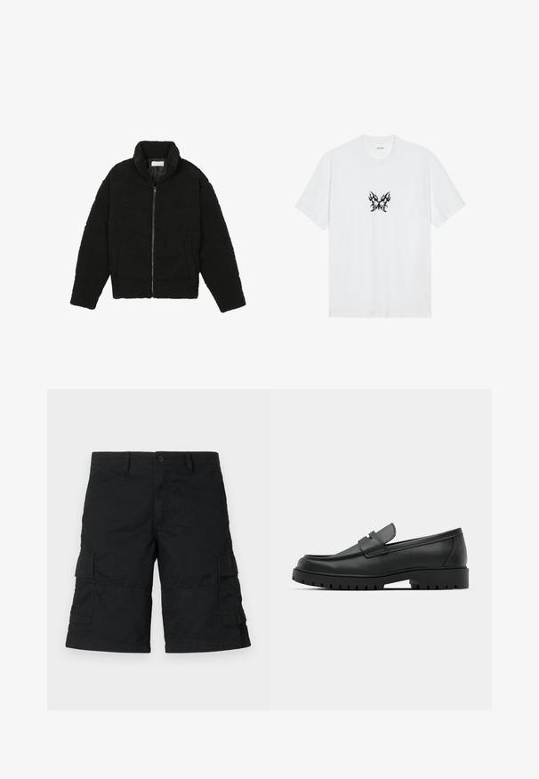 Melnā mākslīgā kažokādas jaka ar augstu apkakli, ar rāvējslēdzēju, elastīgām piedurknēm un kvadrātveida šuvēm. Iespējotas sānu kabatas un mīksta tekstūra.; Balta kokvilnas t-kreklis ar īsām piedurknēm un apaļu izgriezumu. Centrā ir melna uguns raksta tauriņa grafika. Gluda tekstūra.; Melni kraukļu šorti, izgatavoti no viegla auduma; ar divām sānu kabatām un divām atloka kabatām; taisna griezuma dizains ar brīvu piegriezumu.; Melnas ādas loafers ar noapaļotu purngalu, ar izšūtu dizainu, zemu platformas zoli un teksturētu, rievotu gumijas ārējo zoli.