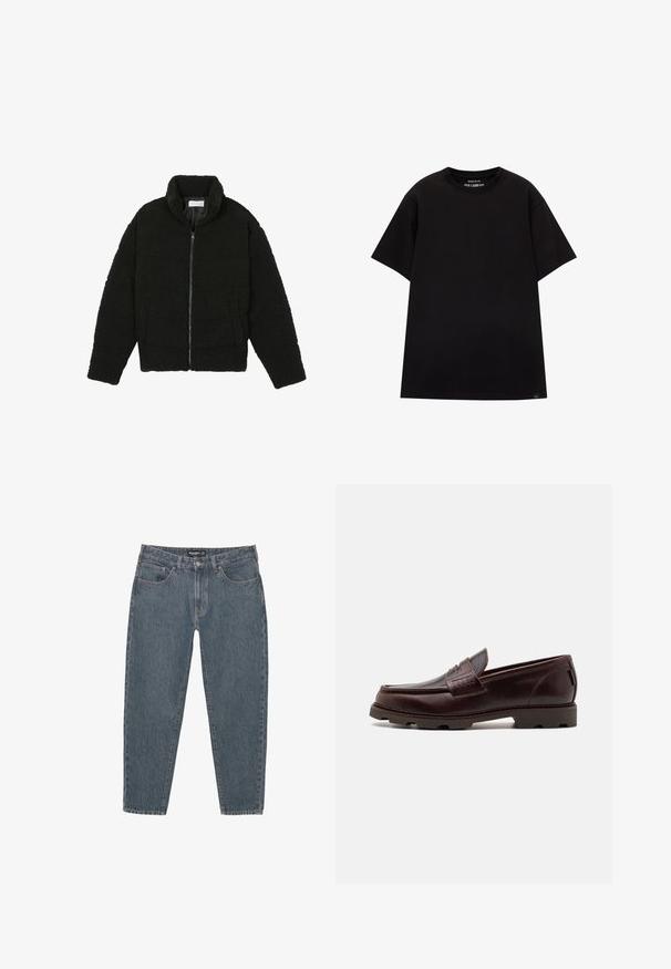 Zwarte faux fur jas met een hoge kraag, ritssluiting, elastische manchetten en een doorgestikt ontwerp. Beschikt over zijzakken en een zachte textuur.; PULL&BEAR JOIN LIFE - T-shirt basic - black; Donkerblauwe spijkerbroek met een relaxte pasvorm, vijf zakken, knoopsluiting en een licht rafelrandje. Duurzaam materiaal met een subtiele textuur.; Bruine leren instapper met een moccasin-stijl bovenkant, gestructureerde stiksel detailing en een robuuste zool met multidirectionele loopvlakken.