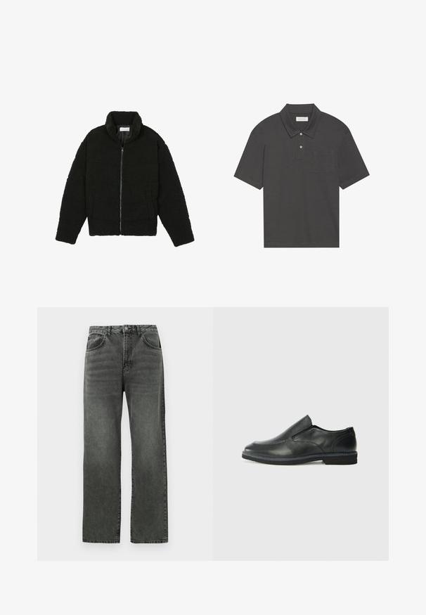 Black faux fur jacket with a high collar, zip closure, elastic cuffs, and a quilted design. Features side pockets and a soft texture.; Dark gray polo shirt with a traditional collar, three-button placket, short sleeves, and a left chest pocket. Smooth fabric texture.; Straight-leg black washed denim jeans with front button and pockets, shown flat on a white background.; Black leather slip-on shoe with a smooth upper, stitched accents, rounded toe, and a low rubber heel. Sole features minimal tread.