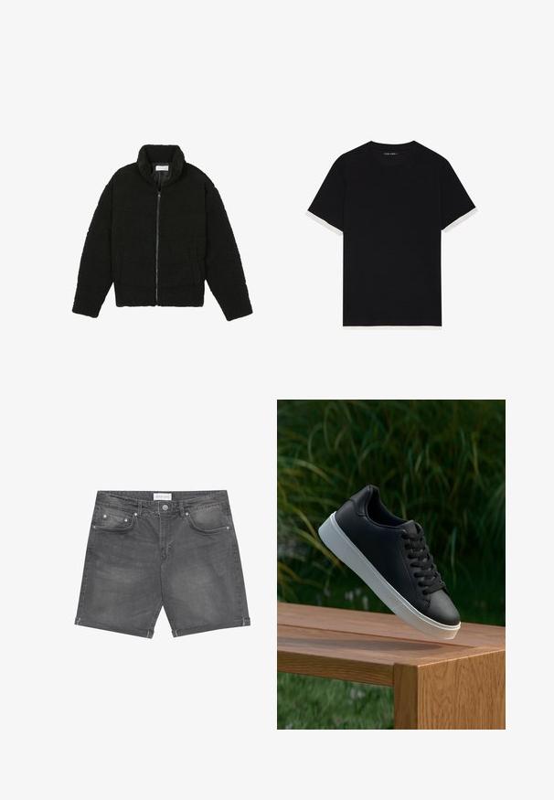 Must must karusnahast jakk kõrge kraega, lukuga sulgemine, elastsed varrukad ja tikandmuster. Omab küljetaskuid ja pehmet tekstuuri.; Musta lühikeste varrukatega t-särk tekstuursete kangastega, millel on valged aktsendid käistelt. Ümar kaelus, mugav lõige.; Tumedatehised denimsüüksid klassikalise viie tasku kujundusega, keeratud servadega ja metallnupu aktsentidega. Sile tekstuur ning õrn fade.; Must värvi nahast tennisekingad siledast materjalist, valge kummist tald ja kuus aukku paelte jaoks, asetatud puidust pinnale.