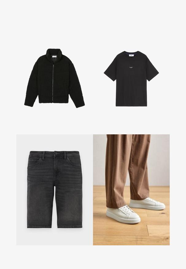 Zwarte faux fur jas met een hoge kraag, ritssluiting, elastische manchetten en een doorgestikt ontwerp. Beschikt over zijzakken en een zachte textuur.; Zwarte katoenen T-shirt met een ronde hals en korte mouwen. Beschikt over een klein wit logo op de voorkant. Eenvoudig ontwerp, relaxed fit.; Zwarte denim shorts met een rechte snit, vijf zakken en een knoopsluiting. Heeft een lichte vervaging en een stevige stoftextuur.; Persoon in witte gestructureerde lage sneakers en losse bruine broek, staand op een licht houten vloer.