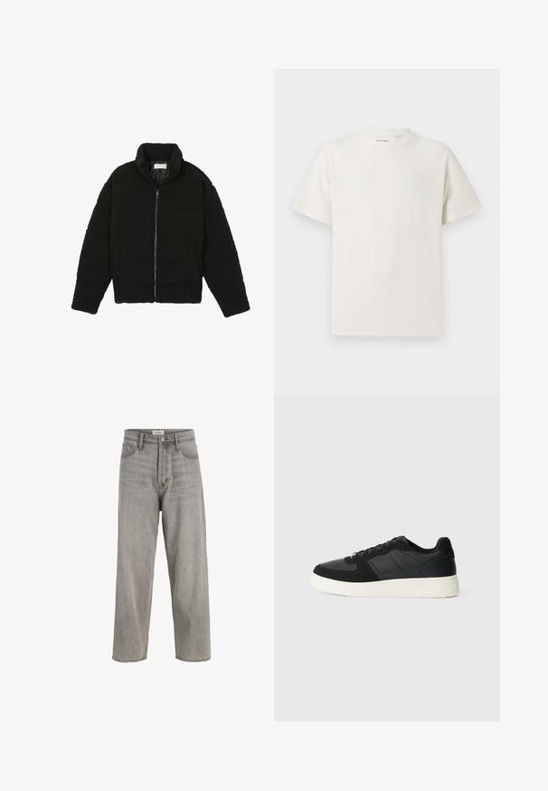 Fekete műszőrme dzseki magas gallérral, cipzáros záródással, rugalmas mandzsettákkal és steppelt mintázattal. Oldalsó zsebekkel rendelkezik, és puha tapintású.; Fehér, rövid ujjú póló bordázott textúrával. Kerek nyakkivágás, laza szabás, nincs látható minta vagy díszítés. Egyszerű és sokoldalú dizájn.; Szürke farmernadrág, magas derékkal, széles lábbal, enyhe kopással és öt zsebes kialakítással. Fém gombos záródással és övhurkokkal rendelkezik.; Fekete alacsony szárú sportcipő textúrált bőr és velúr panelekből, fehér gumitalppal és fekete fűzőkkel, egyszínű világos háttér előtt.