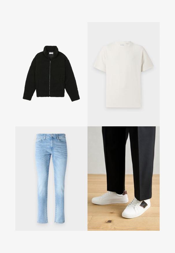 Čierna umelá kožušinová bunda s vysokým golierom, zipsom, elastickými manžetami a prešívaným dizajnom. Má bočné vrecká a jemnú textúru.; Biela krátka tričko s krátkym rukávom so žebrovanou textúrou. Okrúhly výstrih, uvoľnený strih, žiadne viditeľné vzory ani akcenty. Jednoduchý a všestranný dizajn.; Svetlomodré denimové džínsy so slim fit strihom, dizajnom so piatimi vreckami a jemnými vyblednutými detailami, s klasickým rovnym strihom nohavíc a zapínaním na gombík.; Biele tenisky s hladkým povrchom, s hnedými koženými akcentmi a čiernymi detailmi, spárované s čiernymi elegantnými nohavicami. Pozadím je drevená podlaha.