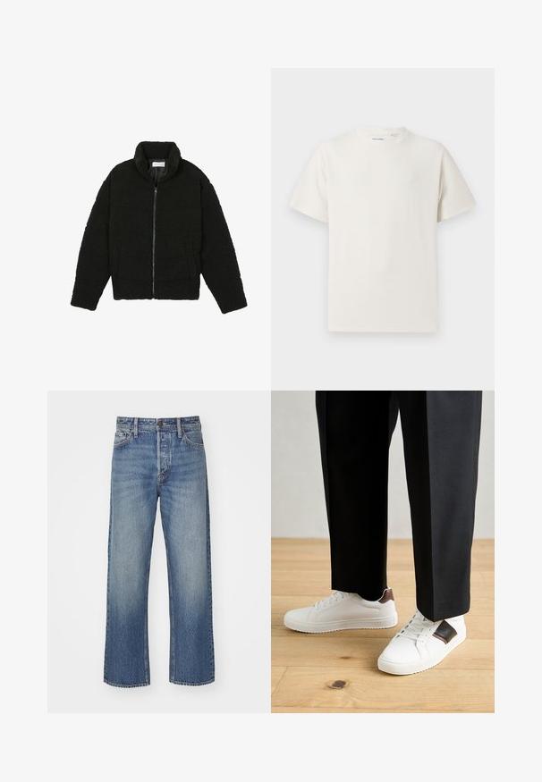 Juoda dirbtinė kailio striukė su aukštu apykakle, užtrauktuku, elastingomis rankovėmis ir siuvinėtu raštu. Su šoninėmis kišenėmis ir švelnia tekstūra.; Balta trumpa rankovė T-polo marškinėlių su juostelėmis tekstūra. Apvalus iškirpimas, laisvas fasonas, jokių matomų raštų ar akcentų. Paprastas ir universalus dizainas.; Šviesiai mėlynos džinsinės kelnes su laisvu siluetu, tiesiomis kojomis, penkių kišenių dizainu ir mygtuko užtrauktuku juosmens srityje.; Balti sportbačiai su glotnia danga, puošti rudais odiniais akcentais ir juodais detalėmis, derinami su juodais pritaikytais kelnėmis. Medinių grindų fonas.