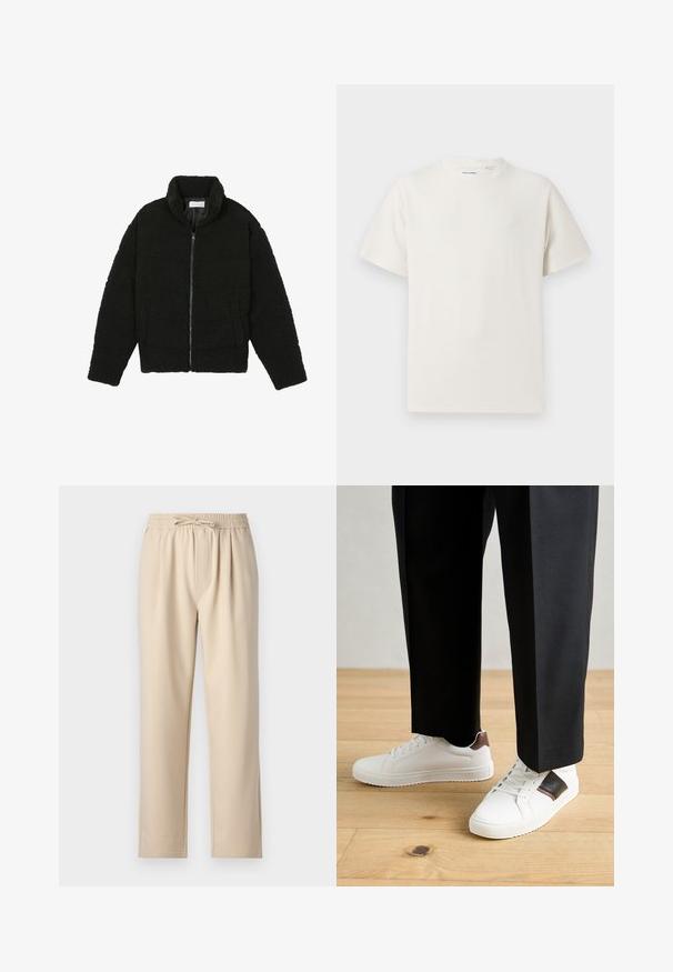 Veste en fausse fourrure noire avec un col haut, fermeture éclair, poignets élastiques et un design matelassé. Elle possède des poches latérales et une texture douce.; T-shirt blanc à manches courtes en texture côtelée. Encolure ronde, coupe décontractée, sans motifs ni accents visibles. Design simple et polyvalent.; Pantalons beiges avec une taille élastique à cordon de serrage, design à jambe droite et texture de tissu douce et lisse.; Des sneakers blanches au texture lisse, avec des accents en cuir marron et des détails noirs, assorties à un pantalon noir ajusté. Fond en parquet.
