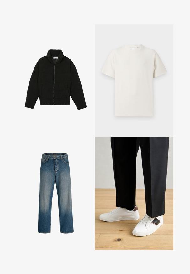 Fekete műszőrme dzseki magas gallérral, cipzáros záródással, rugalmas mandzsettákkal és steppelt mintázattal. Oldalsó zsebekkel rendelkezik, és puha tapintású.; Fehér, rövid ujjú póló bordázott textúrával. Kerek nyakkivágás, laza szabás, nincs látható minta vagy díszítés. Egyszerű és sokoldalú dizájn.; Kék farmernadrág, laza fazonban, egyenes szárú, enyhe világos kopással és márkázott derékpánttal a részletekért.; Fehér sneaker, sima textúrával, barna bőr díszítéssel és fekete részletekkel, fekete szabott nadrággal párosítva. Fából készült padló háttér.
