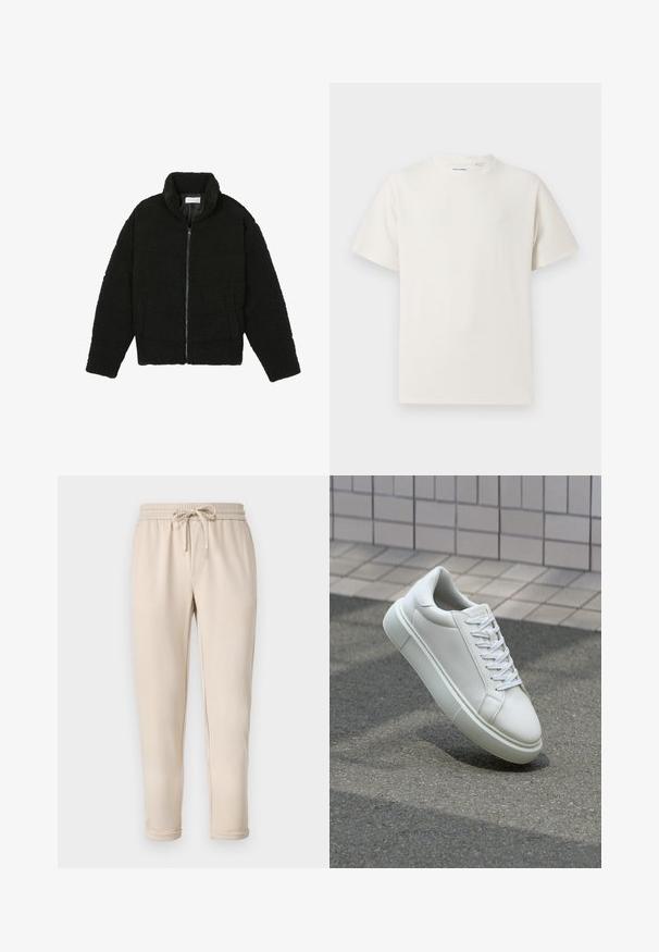 Black faux fur jacket with a high collar, zip closure, elastic cuffs, and a quilted design. Features side pockets and a soft texture.; White short-sleeve T-shirt in a ribbed texture. Round neckline, relaxed fit, no visible patterns or accents. Simple and versatile design.; Beige jogger pants with an elastic waistband and drawstring, featuring side pockets and tapered ankles. Smooth texture, casual design.; White leather sneaker with a smooth surface, round toe, and flat white laces. Features a textured rubber sole and minimal design elements.
