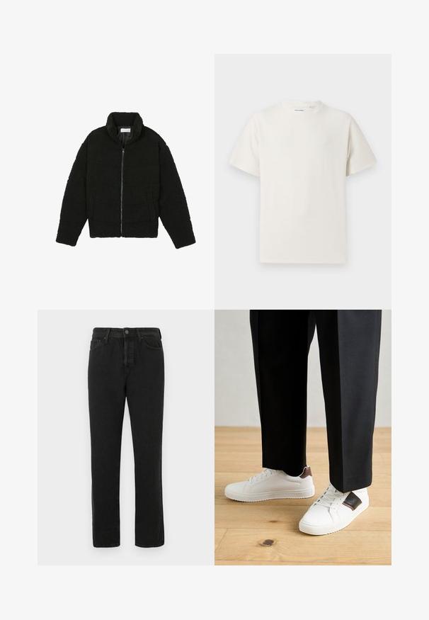 Czarna kurtka z faux futra z wysokim kołnierzem, zapięciem na zamek, elastycznymi mankietami i pikowanym wzorem. Posiada boczne kieszenie i miękką fakturę.; Biała krótka koszulka z krótkim rękawem o żebrowanej fakturze. Okrągły dekolt, luźny krój, brak widocznych wzorów lub akcentów. Prosty i uniwersalny design.; Czarne dżinsy o prostych nogawkach z zapięciem na guziki i zamek błyskawiczny, szlufkami na pasek oraz pięcioma kieszeniami, wyeksponowane na białym tle.; Białe trampki o gładkiej fakturze, z brązowymi skórzanymi akcentami i czarnymi detalami, zestawione z czarnymi eleganckimi spodniami. Tło stanowi drewniana podłoga.