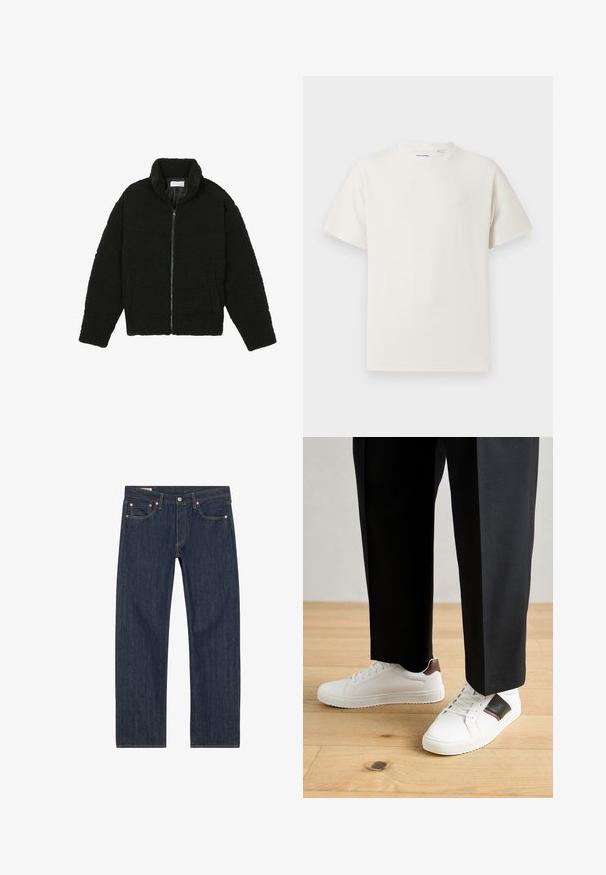Juoda dirbtinė kailio striukė su aukštu apykakle, užtrauktuku, elastingomis rankovėmis ir siuvinėtu raštu. Su šoninėmis kišenėmis ir švelnia tekstūra.; Balta trumpa rankovė T-polo marškinėlių su juostelėmis tekstūra. Apvalus iškirpimas, laisvas fasonas, jokių matomų raštų ar akcentų. Paprastas ir universalus dizainas.; Tamsiai mėlynos džinsinės kelnes su tiesiu kirpimu, su variniais įstatymais, geltonomis siūlėmis ir priekinėmis kišenėmis. Lygus paviršius su minimaliais dizaino akcentais.; Balti sportbačiai su glotnia danga, puošti rudais odiniais akcentais ir juodais detalėmis, derinami su juodais pritaikytais kelnėmis. Medinių grindų fonas.