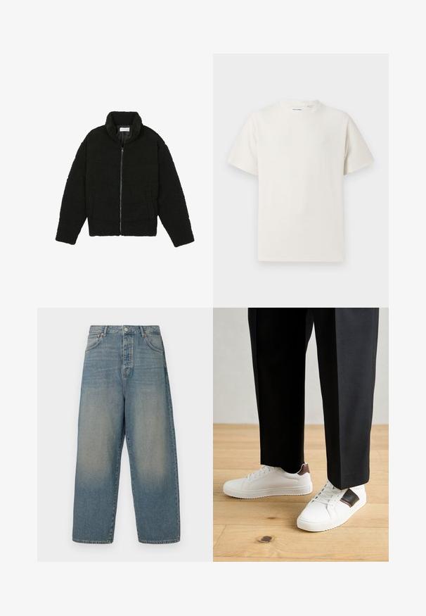 Musta tekokarvalehtijakku korkean kauluksen, vetoketjun, joustavat hihansuut ja tilkkutäkkikuvion. Sisältää sivutaskut ja pehmeän pinnan.; Valkoinen lyhythihainen T-paita ribbikuviossa. Pyöreä kaula-aukko, rento istuvuus, ei näkyviä kuvioita tai yksityiskohtia. Yksinkertainen ja monikäyttöinen muotoilu.; Vaaleansiniset farkkushortsit, joissa on korkea vyötärö, neljä taskua ja erottuva ompelu. Sileä pinta, jossa on haalistunut viimeistely.; Valkoiset tennarit, joissa on sileä pinta, ruskealla nahka-akentilla ja mustilla yksityiskohdilla, yhdistetty mustiin räätälöityihin housuihin. Taustalla puulattia.