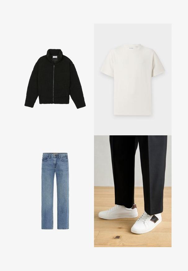 Svart fuskepelsjakke med høy krage, glidelås, elastiske mansjetter og quiltet design. Har sidelommer og en myk tekstur.; Hvit T-skjorte med kort erm i ribbestrikket tekstur. Rund hals, avslappet passform, ingen synlige mønstre eller detaljer. Enkelt og allsidig design.; Lyseblå denimbukser med rett ben, med klassisk femlommersdesign og synlige sømdetaljer. Ingen pynt.; Hvite sneakers med glatt tekstur, med brune skinnakenter og svart detaljer, parret med svarte skreddersydde bukser. Bakgrunn med tregulv.