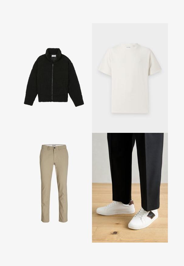 Musta tekokarvalehtijakku korkean kauluksen, vetoketjun, joustavat hihansuut ja tilkkutäkkikuvion. Sisältää sivutaskut ja pehmeän pinnan.; Valkoinen lyhythihainen T-paita ribbikuviossa. Pyöreä kaula-aukko, rento istuvuus, ei näkyviä kuvioita tai yksityiskohtia. Yksinkertainen ja monikäyttöinen muotoilu.; Beige puuvillahousut slim fit -leikkauksella, joissa on edessä vetoketju, nappisulku ja neljä taskua. Tasainen pinta, ei kuvioita tai korostuksia.; Valkoiset tennarit, joissa on sileä pinta, ruskealla nahka-akentilla ja mustilla yksityiskohdilla, yhdistetty mustiin räätälöityihin housuihin. Taustalla puulattia.