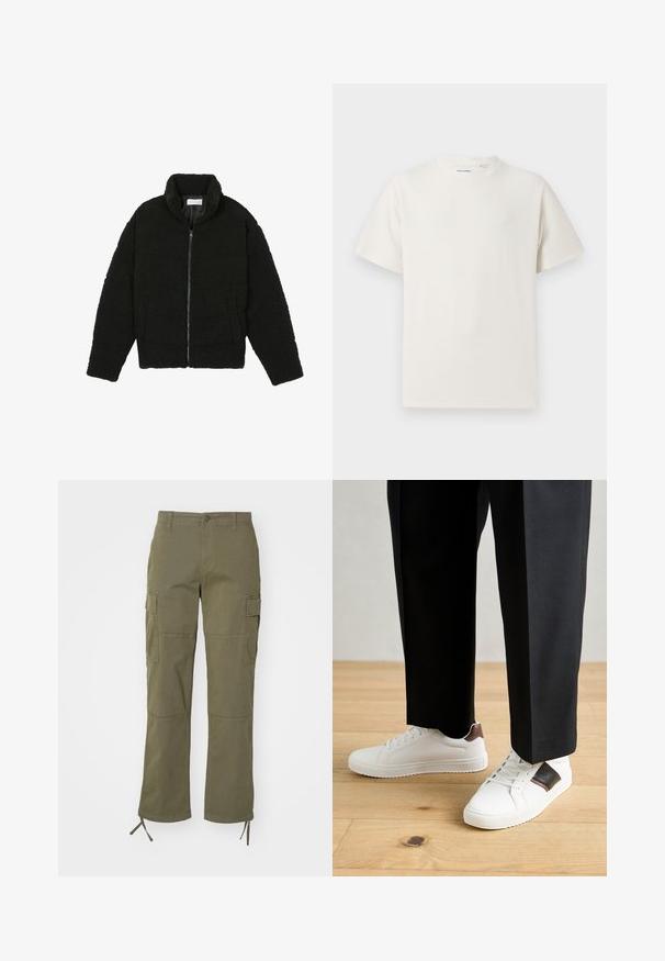 Juoda dirbtinė kailio striukė su aukštu apykakle, užtrauktuku, elastingomis rankovėmis ir siuvinėtu raštu. Su šoninėmis kišenėmis ir švelnia tekstūra.; Balta trumpa rankovė T-polo marškinėlių su juostelėmis tekstūra. Apvalus iškirpimas, laisvas fasonas, jokių matomų raštų ar akcentų. Paprastas ir universalus dizainas.; Tamsiai žaliai chaki spalvos cargo kelnės su tiesiomis kojomis, turinčios dvi šonines kišenes ir reguliuojamas raišteles tiesapadukais. Pagamintos iš patvarios medžiagos.; Balti sportbačiai su glotnia danga, puošti rudais odiniais akcentais ir juodais detalėmis, derinami su juodais pritaikytais kelnėmis. Medinių grindų fonas.
