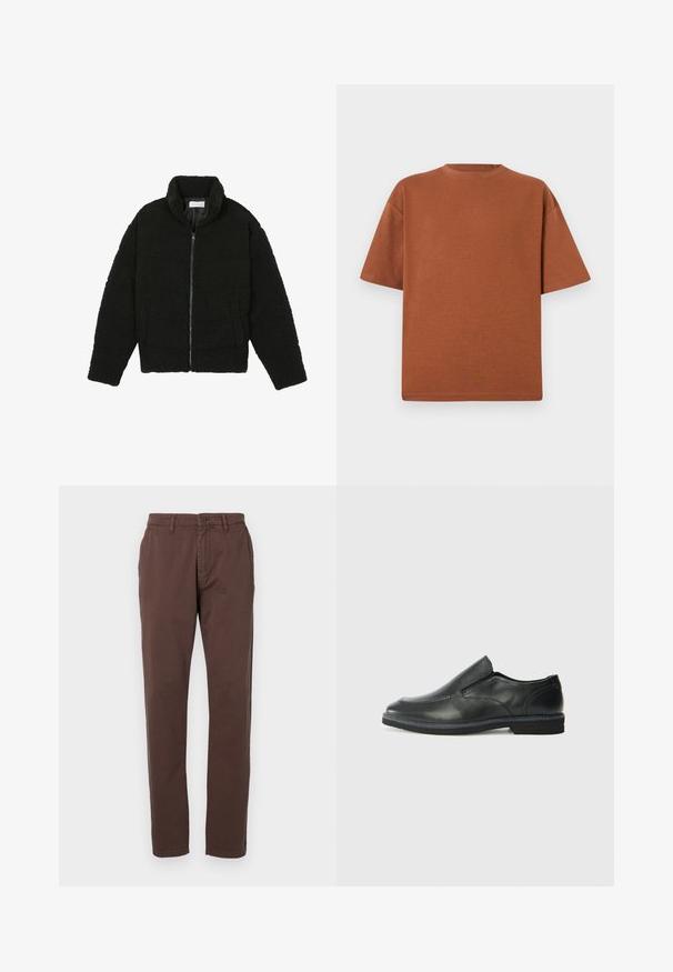 Schwarze Kunstpelzjacke mit hohem Kragen, Reißverschluss, elastischen Bündchen und gestepptem Design. Verfügt über seitliche Taschen und eine weiche Textur.; Braunes Baumwoll-T-Shirt mit Rundhalsausschnitt, kurzen Ärmeln und lockerer Passform. Der Stoff hat eine weiche Textur und minimale Nähte.; Braune Baumwollchinos mit geradem Bein, ausgestattet mit einem vorderen Knopfverschluss und Seitentaschen. Glatte Textur mit klassischem Schnitt.; Schwarze Leder-Slipper mit glattem Obermaterial, gesteppten Akzenten, runder Zehenpartie und niedrigem Gummiabsatz. Die Sohle hat ein minimales Profil.