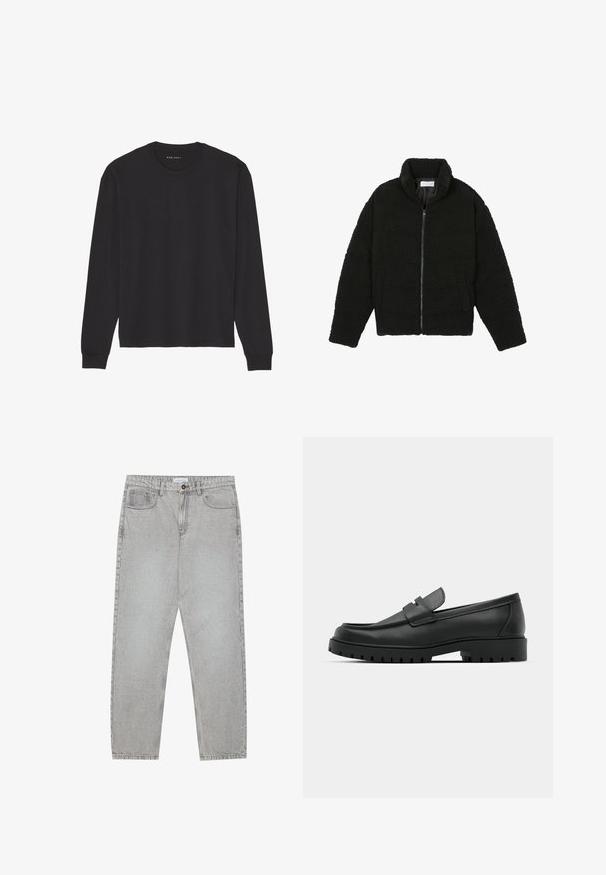 Schwarze Kunstpelzjacke mit hohem Kragen, Reißverschluss, elastischen Bündchen und gestepptem Design. Verfügt über seitliche Taschen und eine weiche Textur.; Schwarzes langärmliges T-Shirt aus weicher Baumwolle. Es hat einen Rundhalsausschnitt und gerippte Bündchen, mit einem lockeren Schnitt und ohne Muster oder Grafiken.; Helle graue Jeanshose mit gerade geschnittenem Design, Fünf-Taschen-Stil und Knopfverschluss. Sichtbare Nähte entlang der Seitennähte.; Schwarze Lederloafer mit runder Zehenform, ausgestattet mit einem gesteppten Design, niedrigem Plattformsohle und einer strukturierten, genoppten Gummisohle.