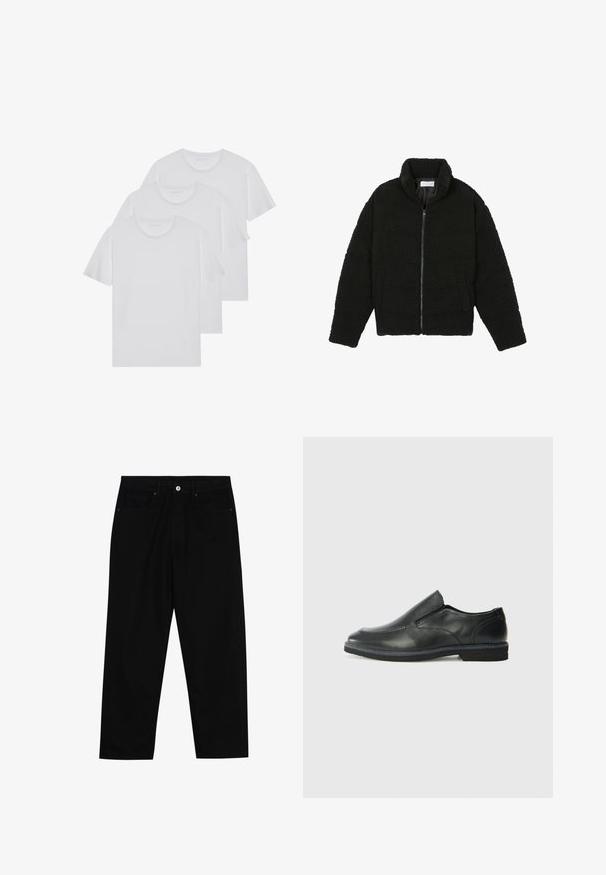 Juoda dirbtinė kailio striukė su aukštu apykakle, užtrauktuku, elastingomis rankovėmis ir siuvinėtu raštu. Su šoninėmis kišenėmis ir švelnia tekstūra.; Trys baltos marškinėliai, pagaminti iš minkštos medvilnės, su trumpomis rankovėmis ir apvaliu iškirpimu, tvarkingai sukrauti su minimaliais siuvimo subtilumais.; Juoda džinsinė kelnė su tiesiu kirpimu, penkių kišenių dizainu ir priekiniais mygtukais. Lygus paviršius su minimaliu siuvimo detalėmis.; Juodai odiniai įtvirtinimo batai su lygiu paviršiumi, siuvinėjimo akcentais, apvalia nosimi ir žemu guminiu kulnu. Pado raštas minimalus.