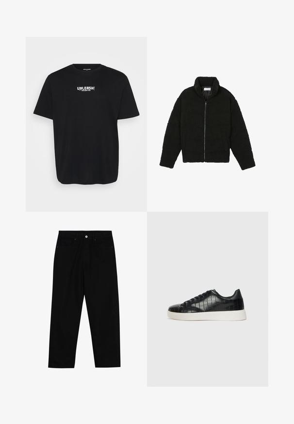 Sort faux fur jakke med høj krave, lynlås lukning, elastiske ærmer og et quiltet design. Har sidelommer og en blød tekstur.; Sort bomulds T-shirt med rund hals, korte ærmer og hvid tekstdesign på forsiden, der står "FRIGØR DIN INDRE TIGER."; Sorte denimbukser med lige ben, fem lomme-design og knaplukning foran. Glat tekstur med minimale syninger.; Sorte sneakers med en struktureret krokodillepræget læderoverdel, rund tå og en kontrasterende hvid gummisål med en glat finish.