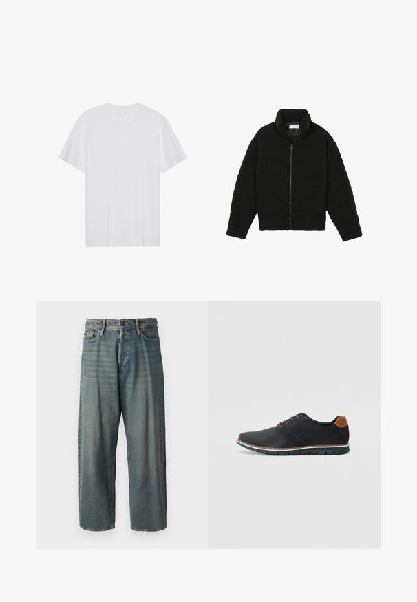 Fekete műszőrme dzseki magas gallérral, cipzáros záródással, rugalmas mandzsettákkal és steppelt mintázattal. Oldalsó zsebekkel rendelkezik, és puha tapintású.; Fehér pamut póló rövid ujjakkal, kerek nyakkivágással és sima textúrával. Minimalista logó található a nyakkivágáson.; Világoskék farmernadrág, laza fazonnal, közepes derékbőséggel és egyenes szárral. Öt zsebet, övbucskát és gombos záródást tartalmaz.; Fekete szintetikus cipők, textúrált felsőrésszel, sima díszítésekkel, barna sarkával és kontrasztos talppal. Minimális fűzéssel és varrási részletekkel rendelkezik.