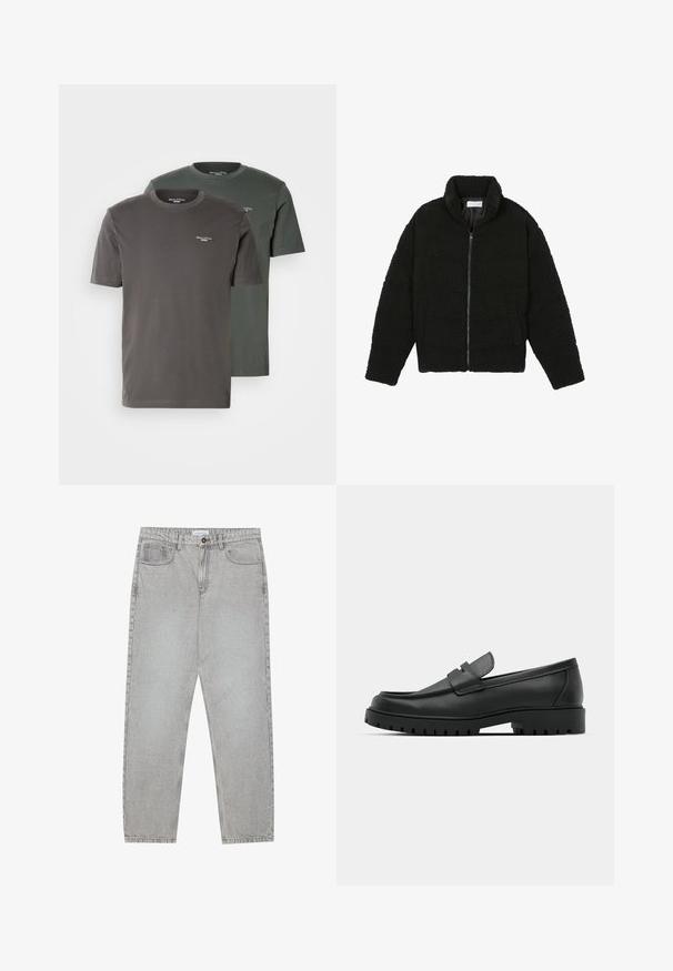 Casaco de pelo sintético preto com gola alta, fecho de zip, punhos elásticos e um design acolchoado. Apresenta bolsos laterais e uma textura suave.; Duas t-shirts de gola redonda em cinza escuro e verde aceitão, feitas de algodão suave, com um pequeno logotipo no peito. Mangas curtas.; Calças de ganga cinza claro com um design de perna reta, estilo de cinco bolsos e fecho com botão. Costura visível ao longo das costuras.; Sapatilhas de couro preto com bico arredondado, apresentando um design cosido, sola de plataforma baixa e um solado de borracha texturizado e com cravos.