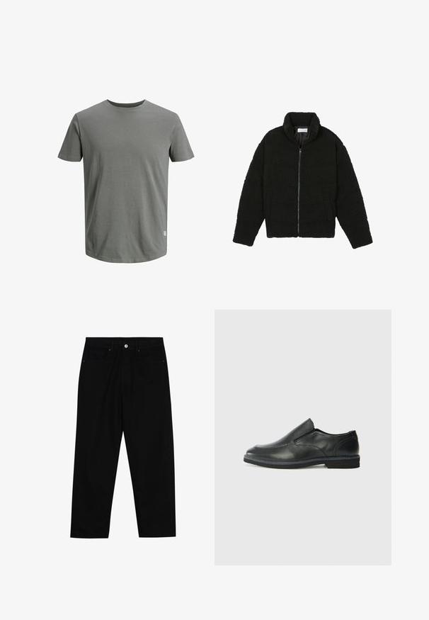 Schwarze Kunstpelzjacke mit hohem Kragen, Reißverschluss, elastischen Bündchen und gestepptem Design. Verfügt über seitliche Taschen und eine weiche Textur.; Jack & Jones JJENOA TEE CREW NECK - T-Shirt basic - sedona sage; Schwarze Jeans mit geradem Schnitt, Fünf-Taschen-Design und einem vorderen Knopfverschluss. Glatte Textur mit minimalen Nähten.; Schwarze Leder-Slipper mit glattem Obermaterial, gesteppten Akzenten, runder Zehenpartie und niedrigem Gummiabsatz. Die Sohle hat ein minimales Profil.