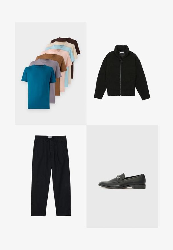 Sort faux fur jakke med høj krave, lynlås lukning, elastiske ærmer og et quiltet design. Har sidelommer og en blød tekstur.; Sæt af otte rundhalsede t-shirts i forskellige farver: teal, brun, beige, lyseblå, lyserød, grå og lavendel, lavet af glat stof.; Pier One Chino - black; Sorte læder loafers med en glat finish, der har et syet design og et dekorativt metal kædeaccent hen over vamps. Flad hæl.