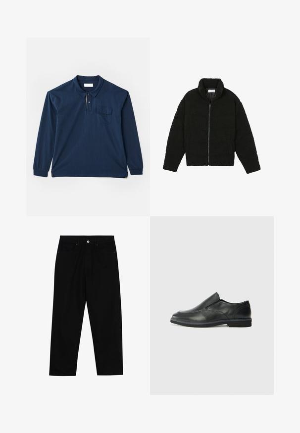 Svart fuskepelsjakke med høy krage, glidelås, elastiske mansjetter og quiltet design. Har sidelommer og en myk tekstur.; Mørkeblå langermet polo-skjorte laget av bomull. Har en tre-knappers placket, en brystlomme og en sideslisse i nederkant. Glatt tekstur.; Sorte denimbukser med rett benklipp, fem-lomme design og frontknappåpning. Jevn tekstur med minimale sømdetaljer.; Sorte skinn slip-on sko med en jevn overflate, stikking detaljer, rund tå og en lav gummihæl. Sålen har minimal mønstring.