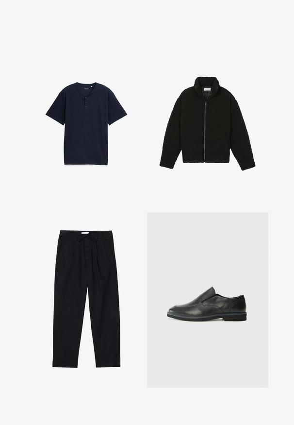 Czarna kurtka z faux futra z wysokim kołnierzem, zapięciem na zamek, elastycznymi mankietami i pikowanym wzorem. Posiada boczne kieszenie i miękką fakturę.; Granatowa, krótko rękawowa koszulka typu henley z teksturowanymi paskami, z trzema guzikami i okrągłym dekoltem. Materiał jest miękki i lekki.; Pier One - Chinosy; Czarne skórzane buty wsuwane z gładką cholewką, przeszyciami, okrągłym noskiem i niskim gumowym obcasem. Podeszwa ma minimalny bieżnik.