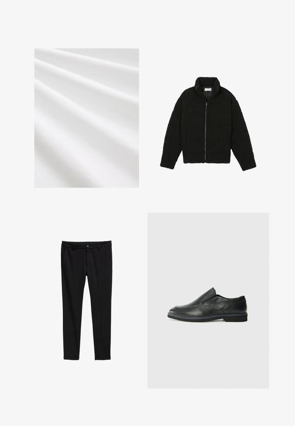 Črna jakna iz umetnega krzna z visokim ovratnikom, z zadrgo, elastičnimi manšetami in kviltanim dizajnom. Ima stranske žepke in mehak tekstur.; Bombažna tkanina, bela barva, gladka tekstura z rahlim gubanjem in na pregibih. Enotna površina, rahlo odsevna, brez vzorcev ali dodatkov.; Črne hlače iz gladkega materiala, z ravnim sprednjim delom, stranskimi žepi in zavihanimi robovi. Vidna je subtilna črtastost.; Črne usnjene natikače z gladkim zgornjim delom, prišitimi detajli, zaobljenim nosom in nizkim gumijastim petkom. Podplat ima minimalen profil.