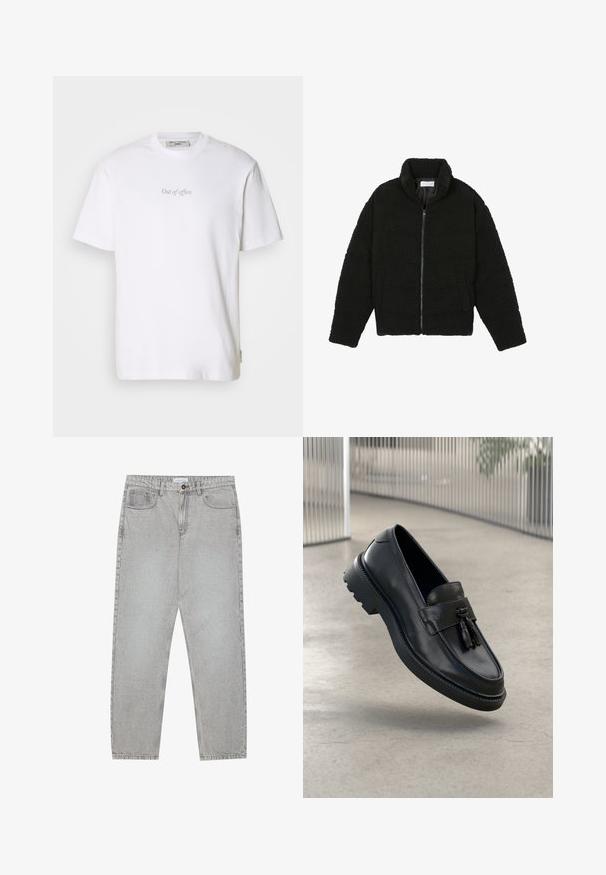 Musta tekokarvalehtijakku korkean kauluksen, vetoketjun, joustavat hihansuut ja tilkkutäkkikuvion. Sisältää sivutaskut ja pehmeän pinnan.; Valkoinen puuvillapaita, jossa on teksti "Poissa toimistolta" painettuna vaaleanharmaana edessä, pyöreä kaula-aukko ja lyhyet hihat.; Vaaleanharmaat farkut, joissa on suora lahje, viisi taskua ja nappisulku. Saumojen varrella näkyvä ompelu.; Mustat nahkaiset loafersit, joissa on sileä pinta, koristeellinen hapsu, paksu kumipohja ja ommellut yksityiskohdat. Kevyt ja virtaviivainen muotoilu.