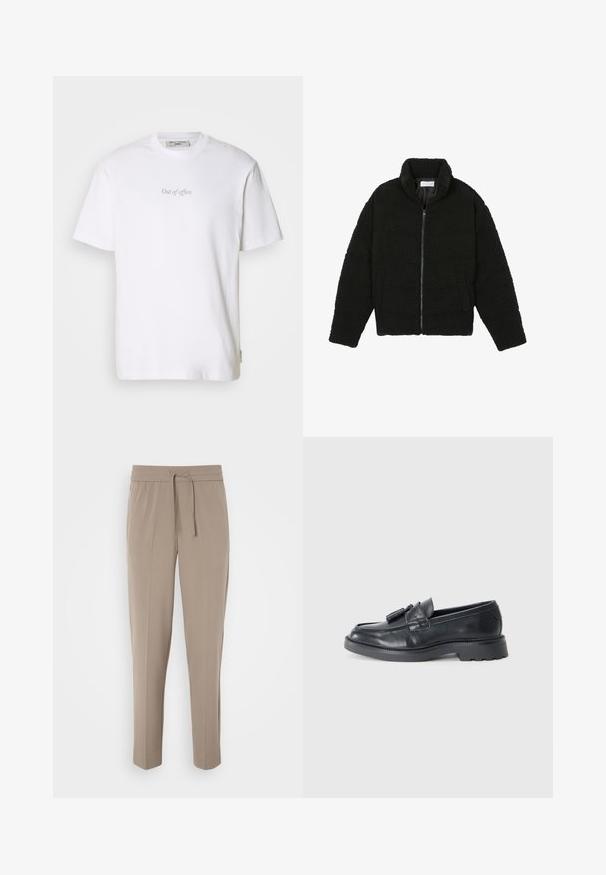 Juoda dirbtinė kailio striukė su aukštu apykakle, užtrauktuku, elastingomis rankovėmis ir siuvinėtu raštu. Su šoninėmis kišenėmis ir švelnia tekstūra.; Balta medvilnė marškinėliai su užrašu "Išvykęs iš biuro" šviesiai pilkos spalvos ant priekinės pusės, apvaliu kaklu ir trumpomis rankovėmis.; Šviesiai beigės kelnės su elastiniu juosmeniu, reguliuojama raišteliu ir siaurėjantys kojomis. Audinys atrodo lygus su švelniu blizgesiu.; Juodi odiniai loafersai su apvaliu nose, juostele su kutais ir storesniu padu su raštu. Lygus paviršius ir klasikinis dizainas.