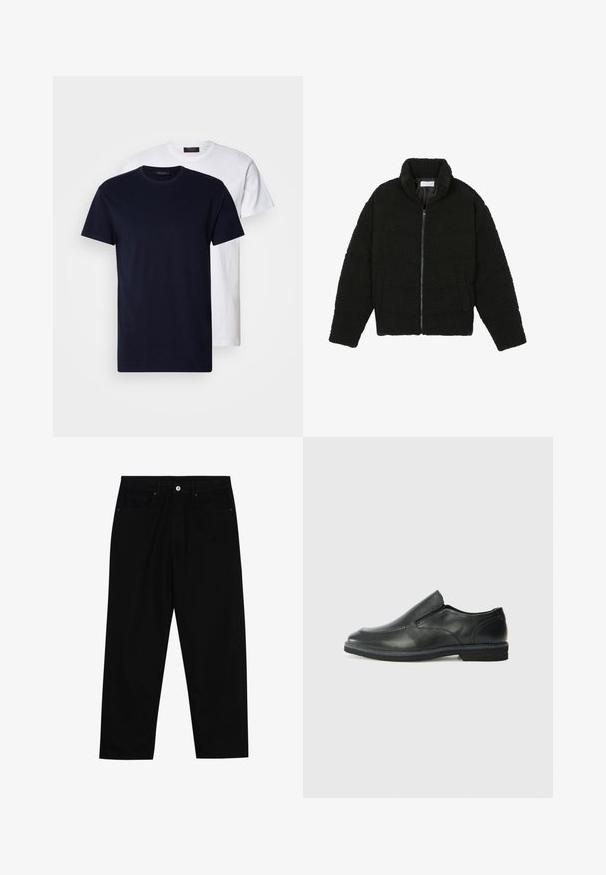 Must must karusnahast jakk kõrge kraega, lukuga sulgemine, elastsed varrukad ja tikandmuster. Omab küljetaskuid ja pehmet tekstuuri.; Kaks puuvillast T-särki: üks tumesinine ja üks valge, mõlemal lühikesed varrukad ja ümmargune kaelus, sile tekstuur ja nähtavaid mustreid pole.; Mustadest denimist püksid, millel on sirge jalg, viie tasku disain ja eesnupuga sulgur. Sile tekstuur koos minimaalsete õmblustega.; Must musta laia suuga king, millel on sile ülemine osa, õmmeldud detailid, ümmargune nina ja madal kummist konts. Tallal on minimaalne mustr.