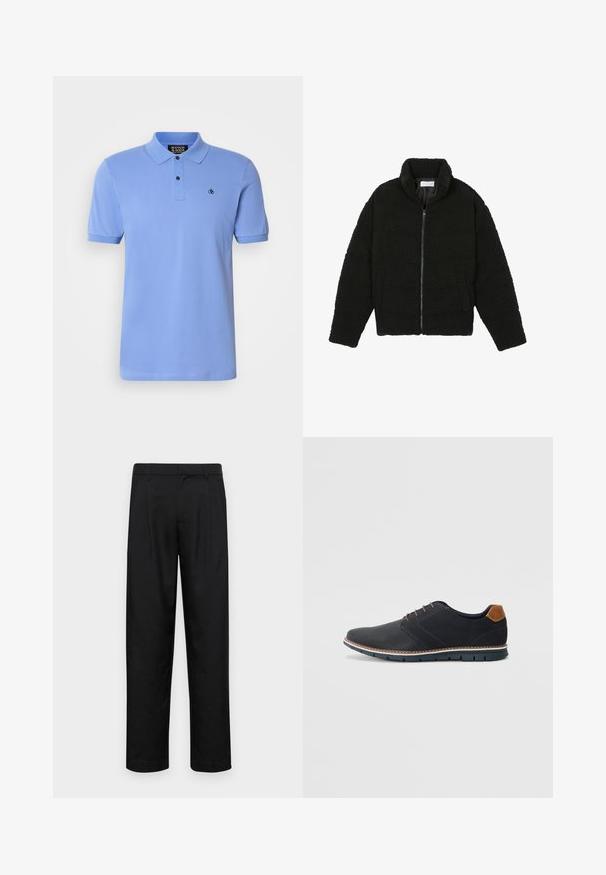 Casaco de pelo sintético preto com gola alta, fecho de zip, punhos elásticos e um design acolchoado. Apresenta bolsos laterais e uma textura suave.; Polo shirt azul claro feito de algodão, com tapeta de botões, mangas curtas, colarinho canelado e um pequeno logótipo bordado no peito.; Calças pretas feitas de tecido suave, com um design de perna reta, dois pregas frontais e uma cintura padrão com passantes para cinto.; Sapatos sintéticos pretos com um upper texturizado, pormenores lisos, salto castanho e uma sola contrastante. Apresentam um sistema de atacadores mínimo e detalhes de costura.