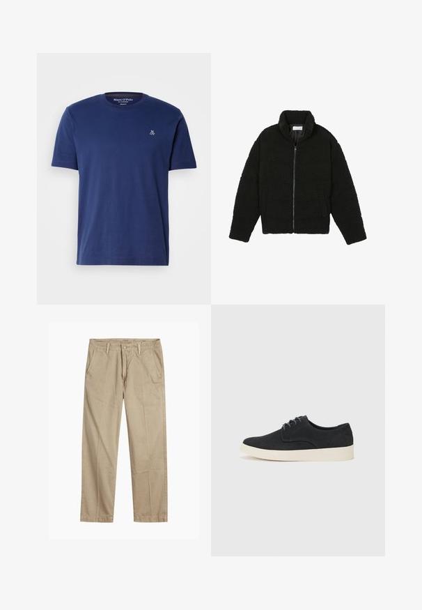 Giacca in pelliccia sintetica nera con colletto alto, chiusura con zip, polsini elasticizzati e design trapuntato. Presenta tasche laterali e una consistenza morbida.; T-shirt in cotone blu navy con maniche corte, colletto rotondo e piccolo logo ricamato sul petto, con vestibilità regolare.; Chinos beige a gamba dritta con passanti per cintura, chiusura frontale a bottone e zip, e tasche laterali inclinati.; Scarpa in suede nera con lacci, punta arrotondata, suola leggera color crema e dettagli di cucitura blu discreti sulla parte superiore.