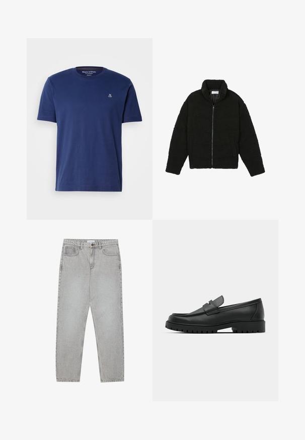 Čierna umelá kožušinová bunda s vysokým golierom, zipsom, elastickými manžetami a prešívaným dizajnom. Má bočné vrecká a jemnú textúru.; Námornícky modré bavlnené tričko s krátkymi rukávmi a okrúhlym výstrihom, malé vyšívané logo na prsiach, s klasickým strihom.; Svetlošedé denimové nohavice s rovným strihom, piatimi vreckami a zapínaním na gombík. Viditeľné švy pozdĺž švov.; Čierne kožené mokasíny s okrúhlou špičkou, s prešitým dizajnom, nízkou platformou a textúrovanou, zúbkovanou gumovou podrážkou.