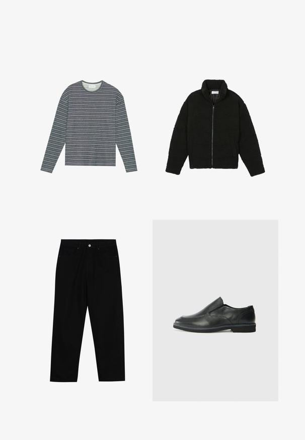 Svart fuskepelsjakke med høy krage, glidelås, elastiske mansjetter og quiltet design. Har sidelommer og en myk tekstur.; Pier One Topper langermet - navy; Sorte denimbukser med rett benklipp, fem-lomme design og frontknappåpning. Jevn tekstur med minimale sømdetaljer.; Sorte skinn slip-on sko med en jevn overflate, stikking detaljer, rund tå og en lav gummihæl. Sålen har minimal mønstring.