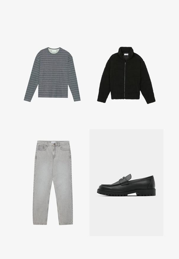 Black faux fur jacket with a high collar, zip closure, elastic cuffs, and a quilted design. Features side pockets and a soft texture.; Pier One Long sleeved top - navy; Light grey denim pants with a straight-leg design, five-pocket styling, and a button closure. Visible stitching along the seams.; Black leather loafers with a rounded toe, featuring a stitched design, low platform sole, and a textured, lugged rubber outsole.