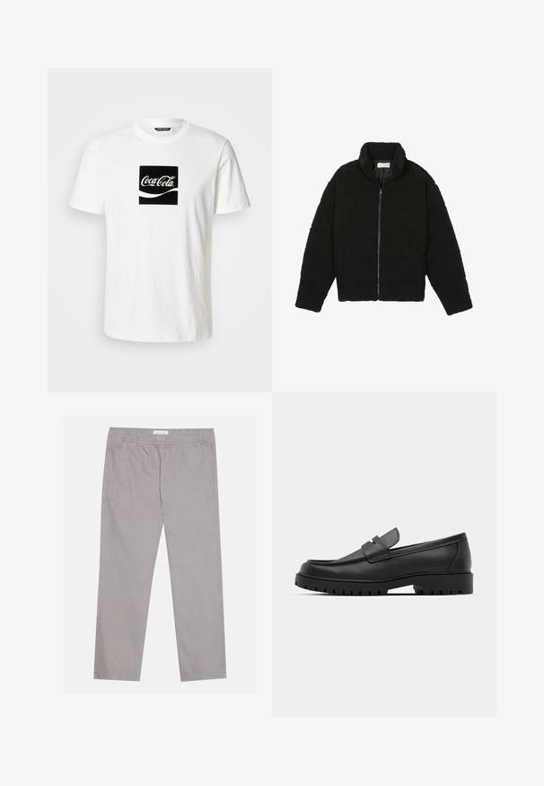 Veste en fausse fourrure noire avec un col haut, fermeture éclair, poignets élastiques et un design matelassé. Elle possède des poches latérales et une texture douce.; T-shirt en coton blanc avec un graphique carré noir portant le logo Coca-Cola et un design de vague en blanc, à manches courtes et col rond.; Pantalon en coton gris clair avec une taille élastique, deux poches latérales, coupe droite et texture lisse. Détail de couture simple.; Mocassins en cuir noir à bout arrondi, avec un design cousu, une semelle plateforme basse et une semelle en caoutchouc texturée et crantée.