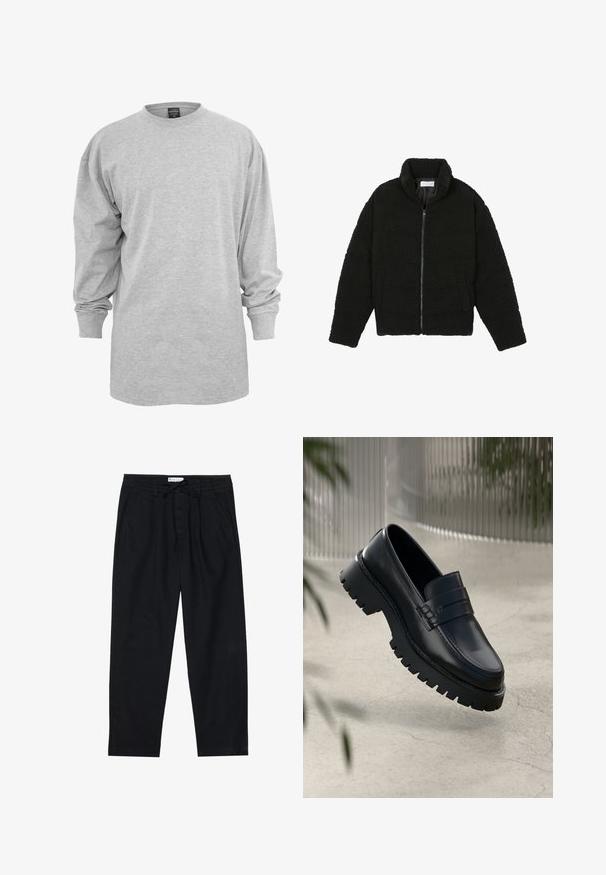 Schwarze Kunstpelzjacke mit hohem Kragen, Reißverschluss, elastischen Bündchen und gestepptem Design. Verfügt über seitliche Taschen und eine weiche Textur.; Hellgraues longsleeve T-Shirt aus Baumwollmischung. Verfügt über einen Rundhalsausschnitt und eine lockere Passform mit gerippten Bündchen, ohne Muster oder Akzente.; Pier One Chino - black; Schwarze Lederloafer mit einer robusten profilierten Sohle, ausgestattet mit einem dekorativen Riemen und einer Stichdetail. Glatte Textur mit einem polierten Finish.